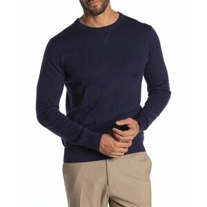 WALLIN & BROS Classic Crew Neck Sweater Cashmere Cotton Blend NAVY IRIS SIZE XL